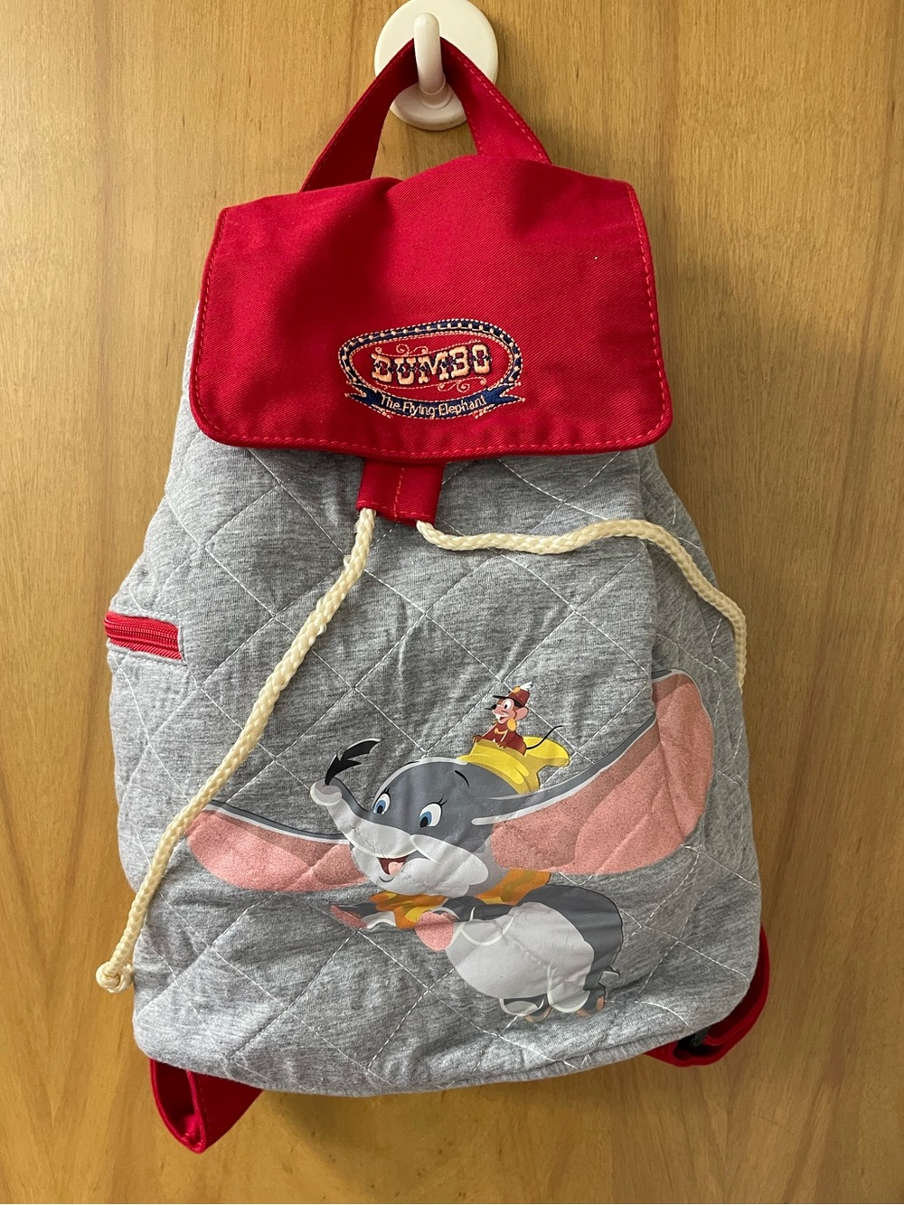 Disney Parks Dumbo Quilted Drawstring Backpack in Gray and Red Small